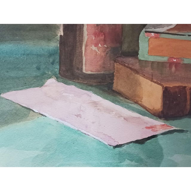Arts and Crafts Era Antique Watercolor of Books and Pipe, Library or Desk Decor For Sale - Image 4 of 4