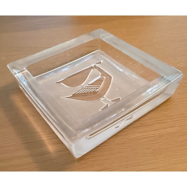 Square crystal cachepot with etched pelican. Great heavy weight as an object on a table or to hold napkins or corral items.