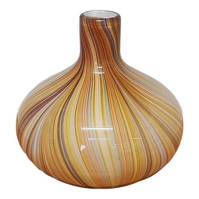 Vintage Murano Style Art Glass Pinstripe Hand Blown Vase For Sale