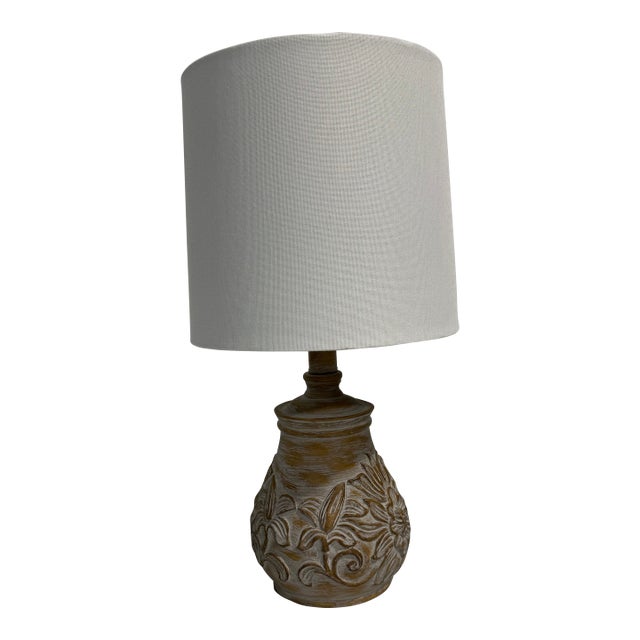 Oneach Retro Table Lamp - White Wash Wood Look With White Fabric Drum Shade For Sale