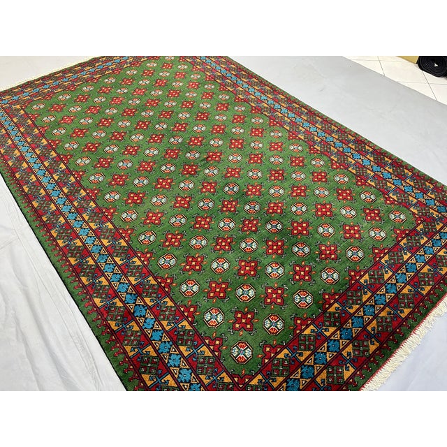 Art Deco Green Turkmen Mori Gul Tribal Wool Area Rug, 6'7" X 10'3" For Sale - Image 3 of 16
