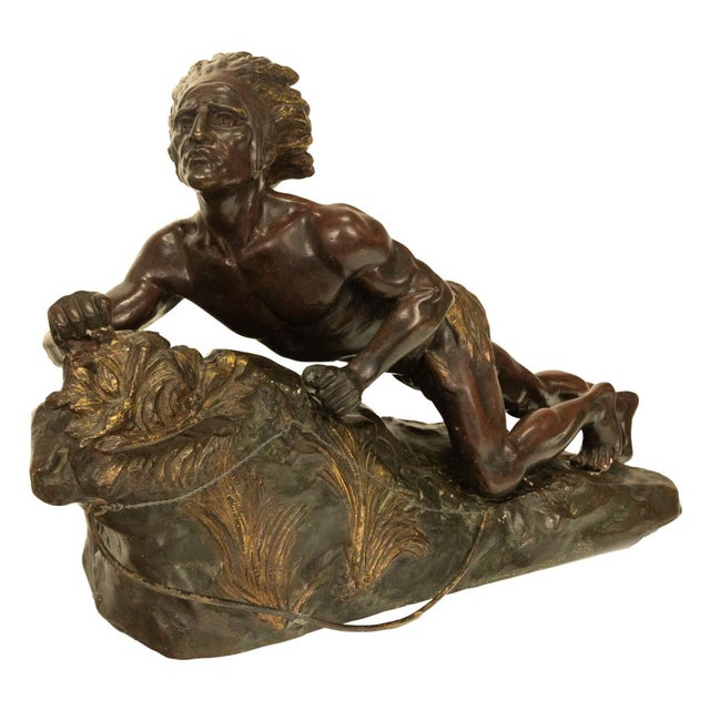 1920s Antique French Art Deco Bronze Sculpture Native American Indian Hunter Scout by René-André Varnier, Circa 1920 For Sale - Image 5 of 18