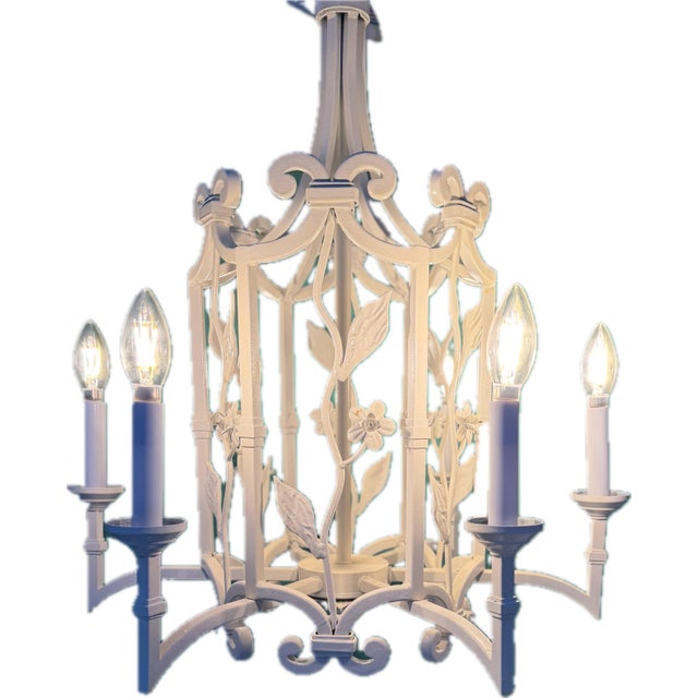 Vintage 6-light Palm Beach Regency-style chandelier, painted ivory by previous owner. In very good used condition....