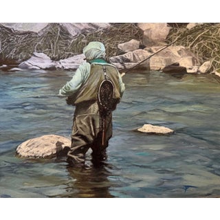 Casting on the South Platte by Sharon Pomales Tousey | Oil on aluminum panel Fisherman wading in a river. For Sale