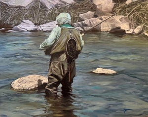 Casting on the South Platte by Sharon Pomales Tousey | Oil on aluminum panel Fisherman wading in a river.