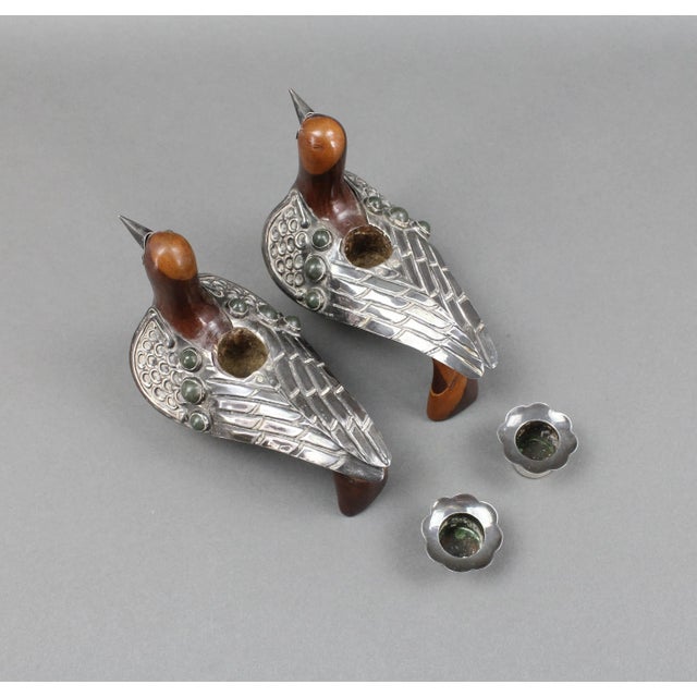 Wood Mid 20th Century Carved Wood and Sterling Silver 925 Peru Folk Art Dove Birds Candle Holders - a Pair For Sale - Image 7 of 9