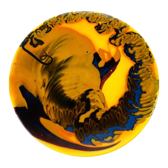 Large Vintage Studio Art Glass Wall Charger – Yellow & Cobalt Abstract Modernist Glass Art, Sculptural Wall Decor, 13” Statement Piece For Sale