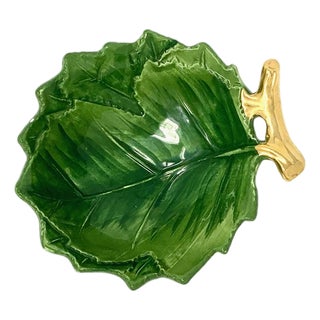Leaf Bowl With Gilded Branch Handle, Small — The Mane Lion, Hand-Painted Italian Ceramic For Sale