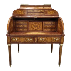 Antique French Regency Inlaid Marquetry Brass Barrel Roll Top Cylinder Desk