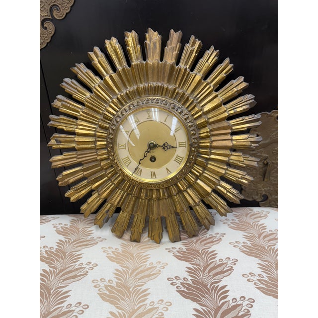Hollywood Regency Vintage Gold Gilt Sunburst Clock With Original Key For Sale - Image 3 of 8