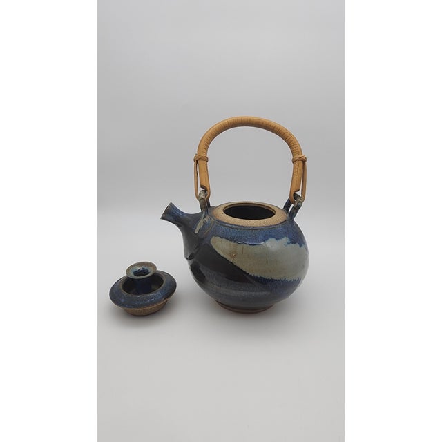 Wood Mid 20th Century Studio Pottery Teapot with Bentwood Handle and Cobalt Drip Glaze For Sale - Image 7 of 9