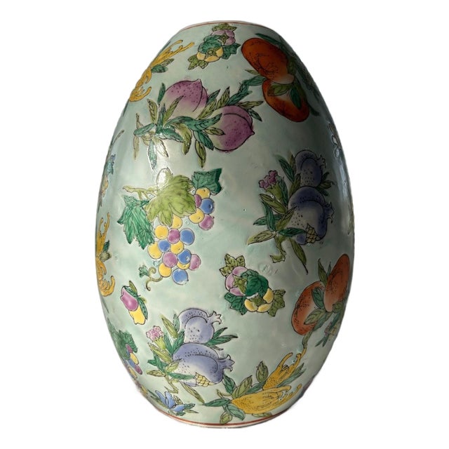 Vintage Chinese Famille Rose Porcelain Egg Vase - Hundred Fruits 11" Large For Sale