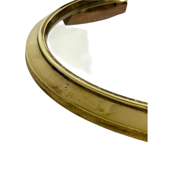 Wood 20thC. Mid-Century Modern Brass and Wood Oval Serving Tray With Mirrored Glass For Sale - Image 7 of 12