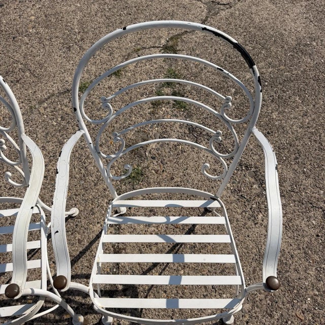 Late 20th Century Wrought Iron Scrolling Patio Dining Arm Chairs by Crown Leisure - Set of 4 For Sale In Philadelphia - Image 6 of 18