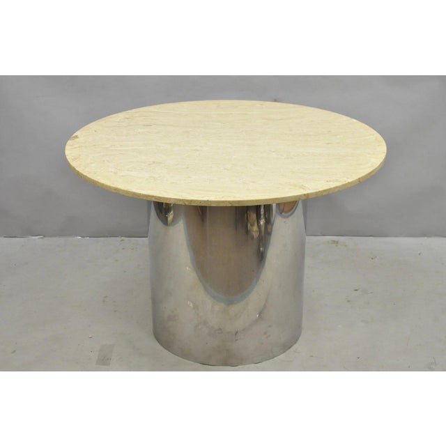 Vintage Mid Century Modern Round Travertine Chrome Steel Pedestal Dining Table For Sale - Image 18 of 18