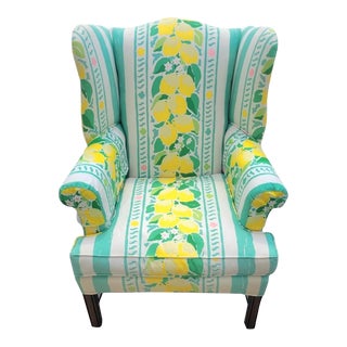 Vintage Brunschwig and Fils Custom Made Large Wing Back Upholstered Lemon Striped Side Chair For Sale