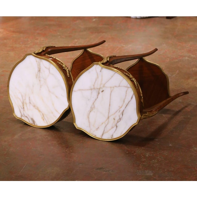 Pair of Mid-Century French Louis XV Marble Top Mahogany and Ormolu Side Tables For Sale - Image 12 of 13