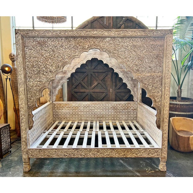 Boho Chic Vintage Carved White Wash Canopy Queen Daybed For Sale - Image 3 of 9