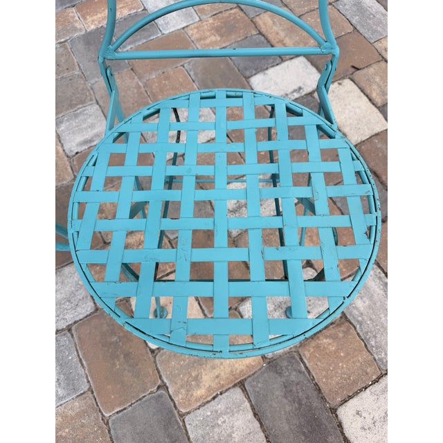 Vintage Turquoise Iron Garden Bistro Set With Floral Mosaic Folding Chairs For Sale - Image 4 of 12
