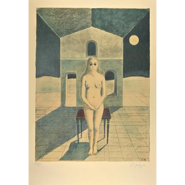 La Voyante is an original contemporary artwork realized by Paul Delvaux in 1974. Color Lithograph on Arches Paper. Hand...