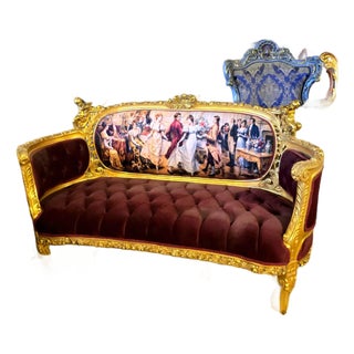 Grand French Louis XV Burgundy Velvet Sofa With Romantic Ballroom Tapestry & Hand-Gilded Frame For Sale