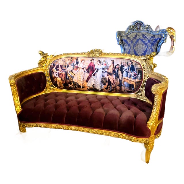 Grand French Louis XV Burgundy Velvet Sofa With Romantic Ballroom Tapestry & Hand-Gilded Frame For Sale