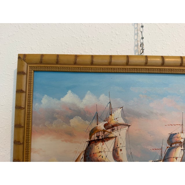 Early 21st Century Original Marine Naval Battle Oil Painting Sailing Ships Seascape Framed, Signed For Sale - Image 5 of 12