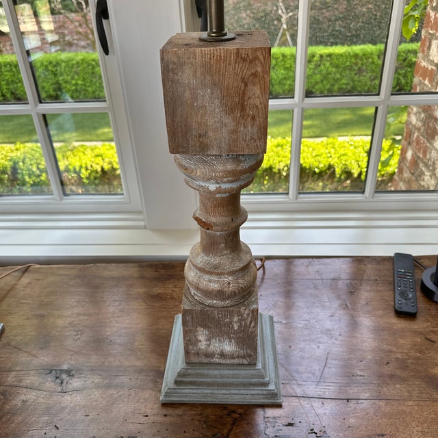 Charming Shabby chic balustrade lamps feature irregular painted washed French blue finish. Lamps have lovely turned...