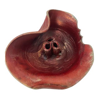 Signed Raku Ceramic Flower Arrangement Bowl With Frog-Style Center For Sale