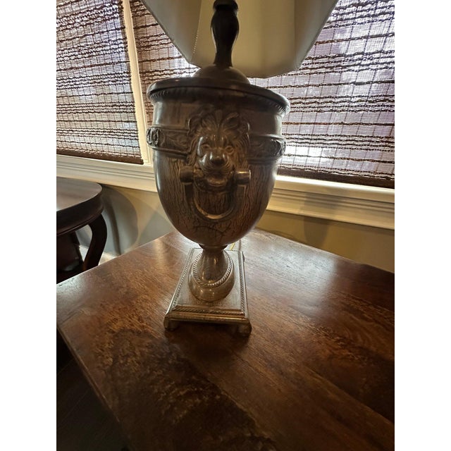 Vintage John Richard Neoclassical Lion Head Urn Lamp With Tassel Shade For Sale - Image 4 of 13