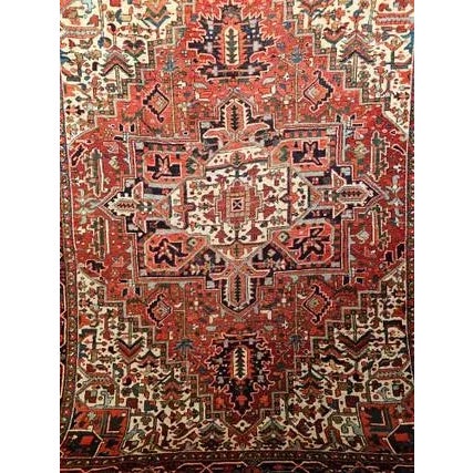 Vintage Room Size Heriz, Handwoven Geometric Medallion Pattern, Red & Navy, 9’ X 11’ For Sale - Image 12 of 12