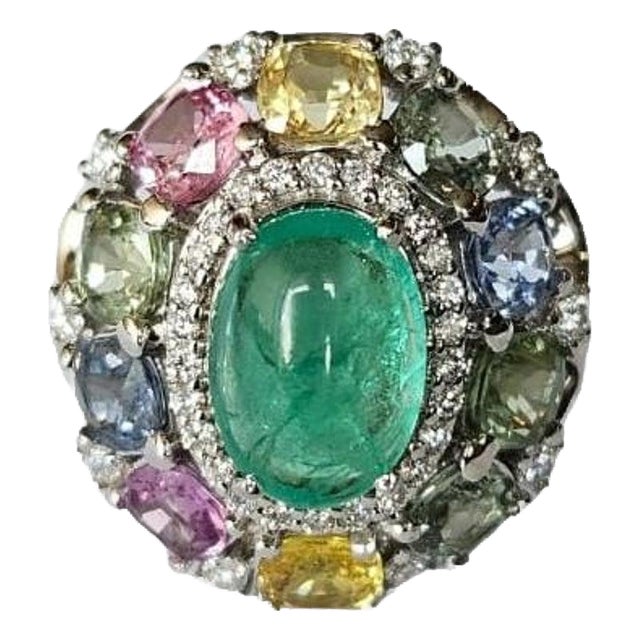 Set in 18k Gold, Colombian Emerald, Multi Sapphires & Diamond Dome Cocktail Ring, Us Size 5.5 For Sale