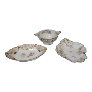 1940s Hand Painted French Porcelain Limoges Bowls- Set of 3