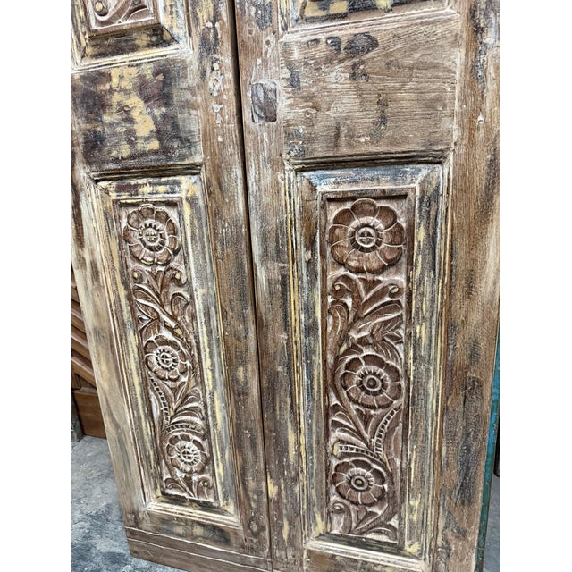 Vintage Hand-Carved Floral Closet Doors – Reclaimed Wood Brown Double Doors 80x32 For Sale - Image 4 of 5
