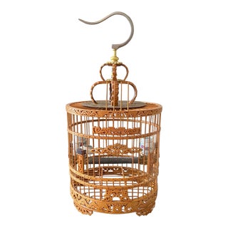 Mid 20th Century Vintage Chinese Bamboo Song Bird Bird Cage With Porcelain Feed Bowls For Sale