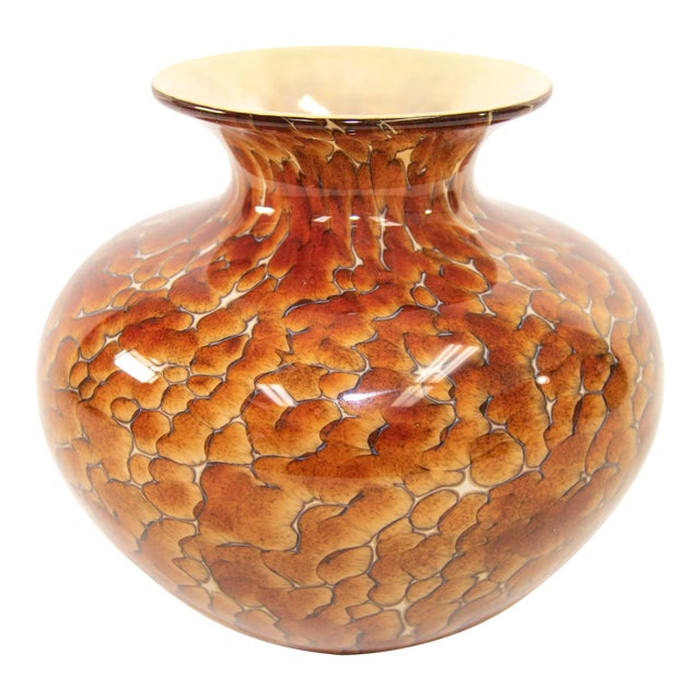 Murano Style Leopard Tortoise Brown and Beige Signed Art Glass Large Vase For Sale