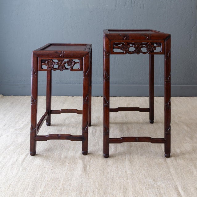 Oxblood Red Asian Rosewood Nesting Tables With Carved Faux Bamboo Bird and Flower Fretwork For Sale - Image 8 of 18