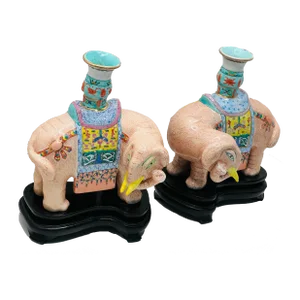 Chinese Export Famille Rose Enameled Elephant Candle Holders on Plinth a Pair