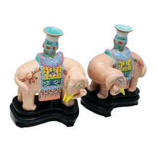 Mottahedeh Famille Rose Enameled Elephant Candle Holders on Plinth a Pair For Sale
