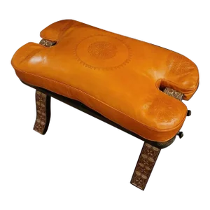 Moroccan Camel Saddle Stool with Orange Leather Cushion and Carved Cedar Wood Base