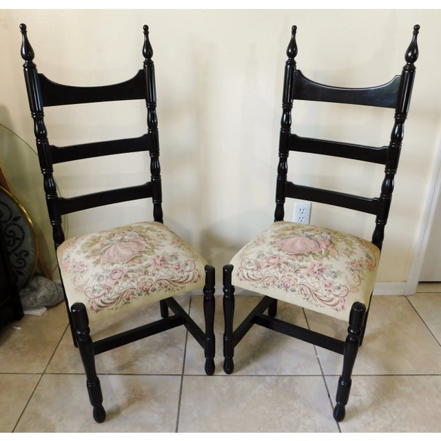 Mid 20th Century Pair Vintage Ladderback Chairs - Courting Couple Tapestry Seats For Sale - Image 5 of 11