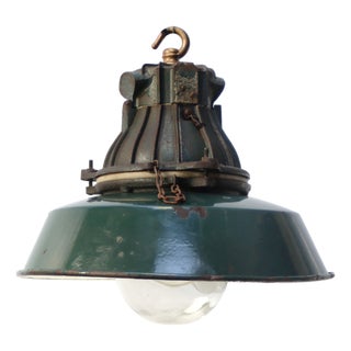 Vintage Industrial French Green Enamel Cast Iron and Clear Glass Pendant Light by Sammode For Sale