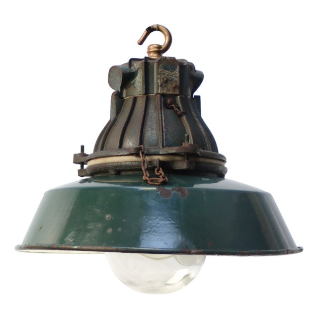 Vintage Industrial French Green Enamel Cast Iron and Clear Glass Pendant Light by Sammode For Sale