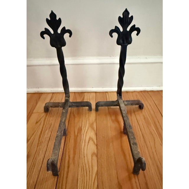Midcentury Pair of French Fleur-De-Lis Cast Iron Fireplace Andirons For Sale - Image 6 of 8
