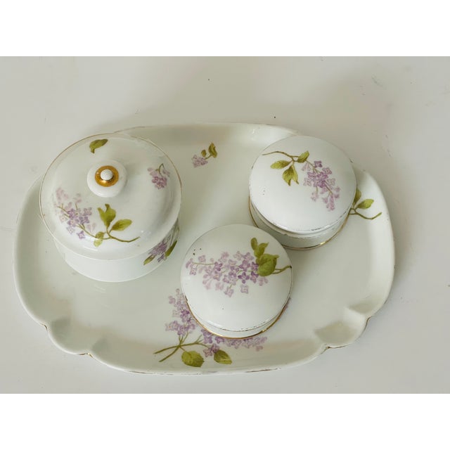 Ceramic Antique Limoges France Porcelain Ladies Vanity Set With Lilacs - 4 Piece Set For Sale - Image 7 of 9
