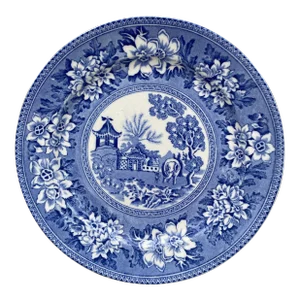 19th Century Blue & White Elephant Plate Chinoiserie Pagoda Burslem