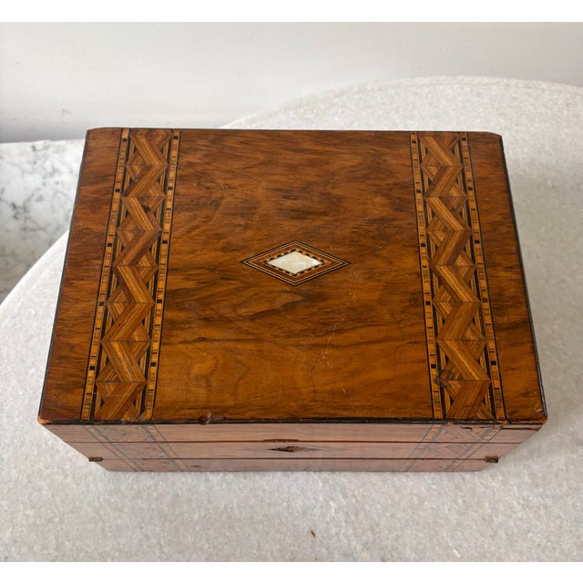 Stunning Antique English mahogany jewelry box with fold out tray. And in a detail.