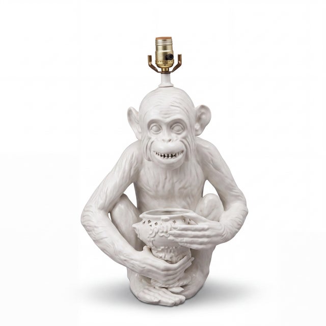 1970s 1970s Blanc De Chine Style Italian Ceramic Tropical Monkey Table Lamp For Sale - Image 5 of 5