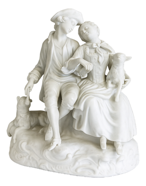 French Bisque Porcelain Romantic Shepherd and Shepherdess with Lambs Figurine, 19th Century