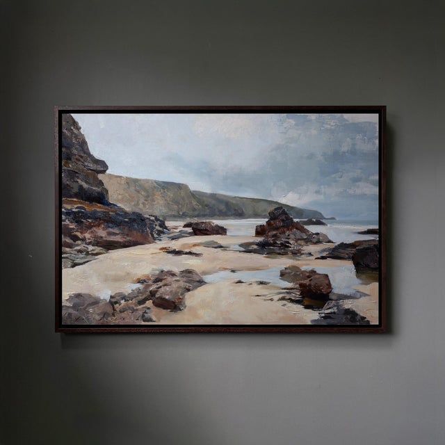 Gray Contemporary Amidst the Rocks and Reflections by Jon Doran | Oil on Panel Cornish Beach at Low Tide For Sale - Image 8 of 10